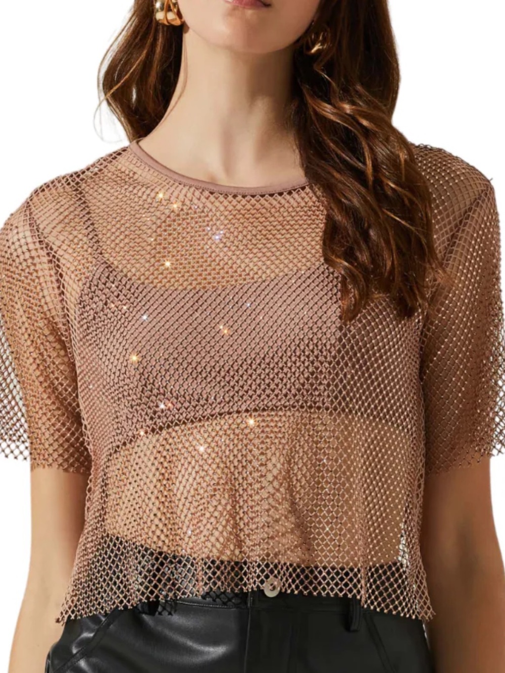 Sheer Metallic Mesh Crop Top in Rose Gold